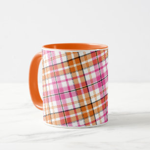 Mug Motif à carreaux Tartan blanc rose orange