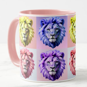 Mug Motif à carreaux tête de lion couleur pastel doux 