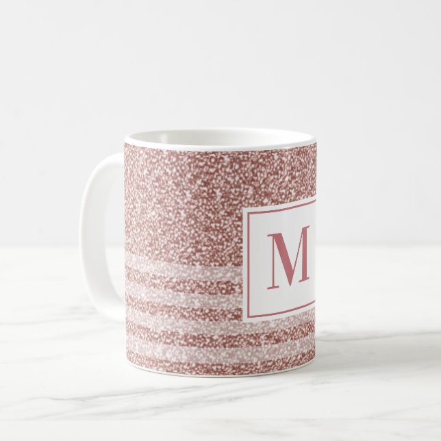 Mug Motif à rayures pailletées or rose monogramme (Devant gauche)