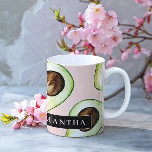 Mug Motif Avocado Rose Et Vert Moderne Avec Nom