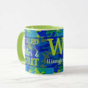 Mug Motif camouflage bleu clair et vert pailleté Nom