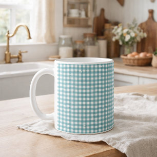 Mug Motif carreaux gingham sarcelle et blanc Cottageco