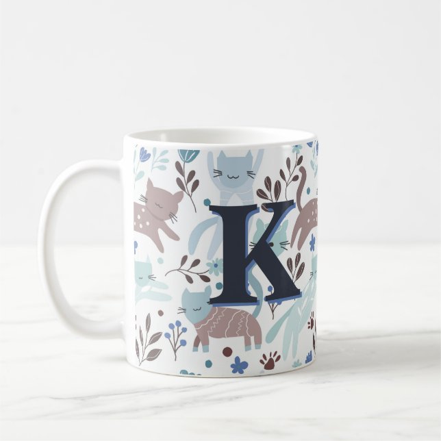 Mug Motif de chat Whimsical, Monogramme gris bleu (Gauche)