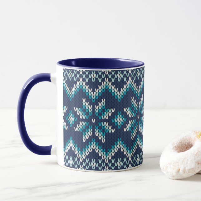 Mug Motif de flocons de neige bleu et blanc Faux Knit  (Avec donut)
