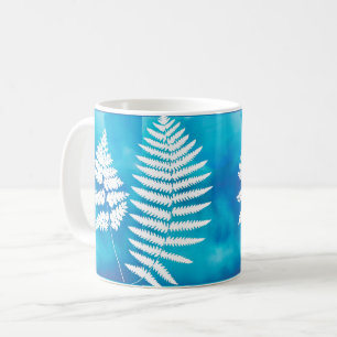 Mug Motif de fougères de bois, blanc sur aquarelle ble