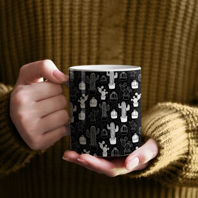 Mug Motif de gribouillis noir et blanc (Black Cactus Doodles Patterned Mug)