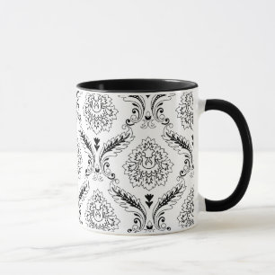 Mug Motif de ligne en damas rococo noir sur blanc