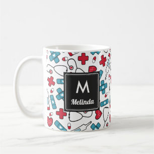 Mug Motif de l'infirmière en bleu rouge monogramme