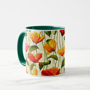 Mug Motif de pavots, rouge et jaune, 
