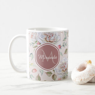 Mug Motif de rose rose pâle avec monogramme et nom