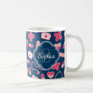 Mug Motif de soins infirmiers rose et bleu avec Monogr