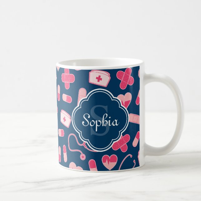 Mug Motif de soins infirmiers rose et bleu avec Monogr (Droite)