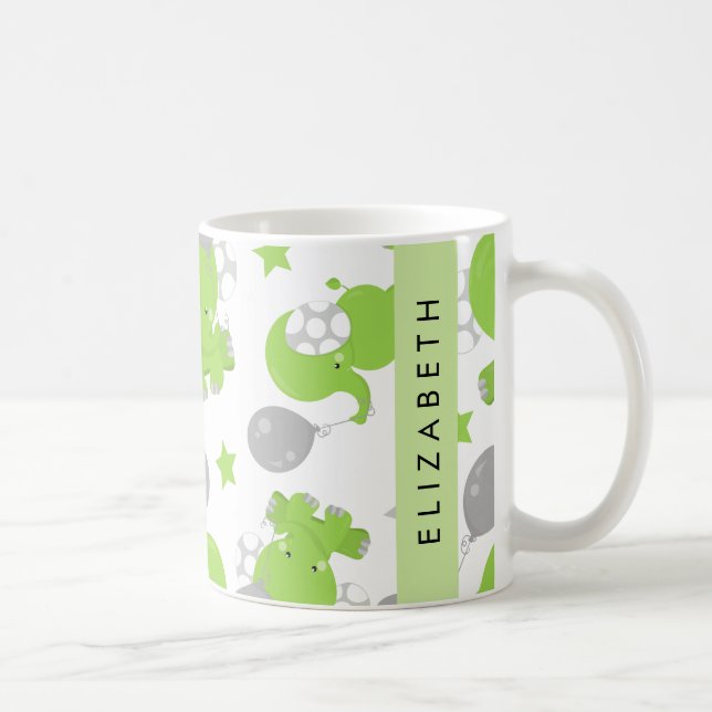 Mug Motif Des Eléphants Verts, Étoiles, Votre Nom (Droite)