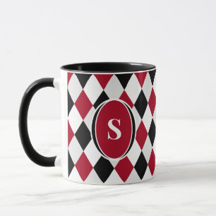 Mug Motif diamant en harlequin noir et rouge avec mono
