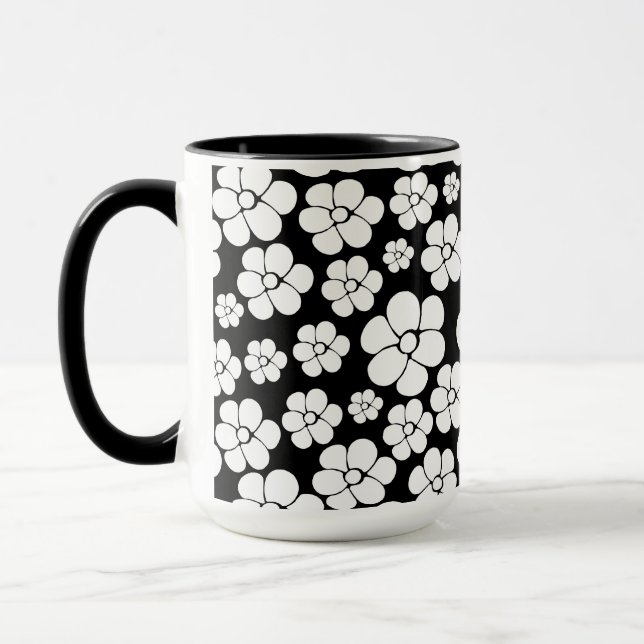 Mug Motif Fleur rétro en blanc sur noir (Gauche)