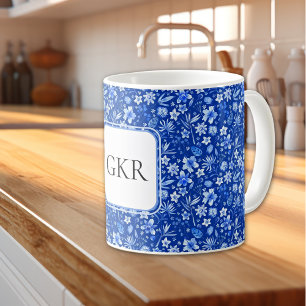 Mug Motif Fleurs et Feuilles Bleu Cobalt Monogram 11oz