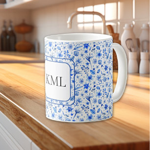 Mug Motif Fleurs & Feuilles Bleu Cobalt Monogram 11oz