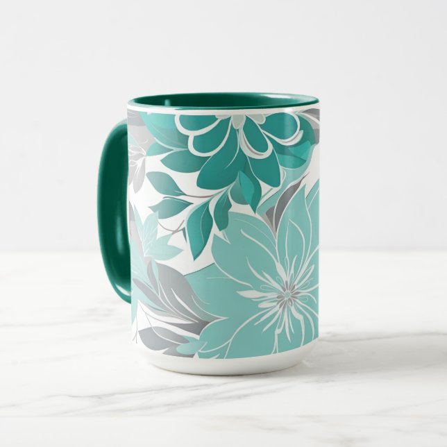 Mug Motif Floral, Aqua, Turquoise, Turquoise et Gris (Devant gauche)