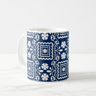 Mug motif floral bleu blanc rétro années soixante