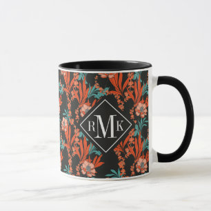 Mug Motif floral d'abrégé sur orange du monogramme