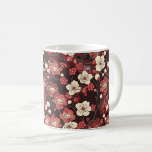 Mug Motif floral de sakura bordeaux foncé corail