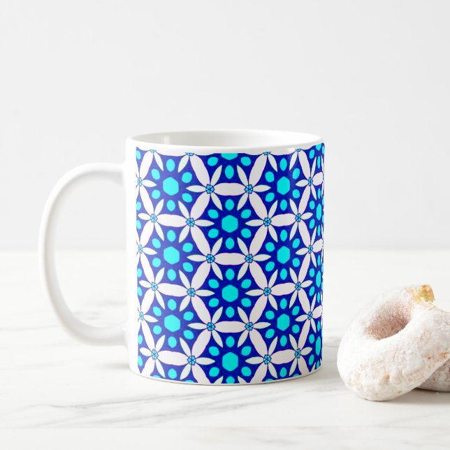 Mug Motif floral géométrique bleu blanc (Avec donut)