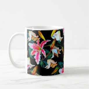 Mug Motif floral incomparable. Lys blanc et rose sur u