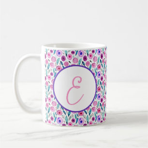 Mug Motif floral rose et violet monogramme