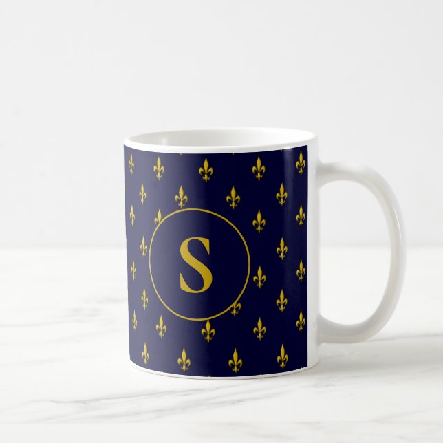 Mug Motif Gold Fleur de Lis sur Royal Blue (Droite)