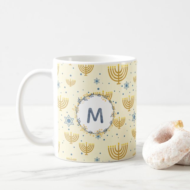 Mug Motif Hanoukka + Monogramme d'aquarelle bleu marin (Avec donut)