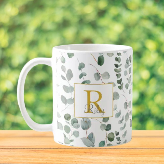Mug Motif Monogram Eucalyptus (Close up, On the table)
