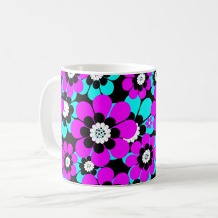 Mug Motif Néon Floral Fleurs Violettes et Turquoise