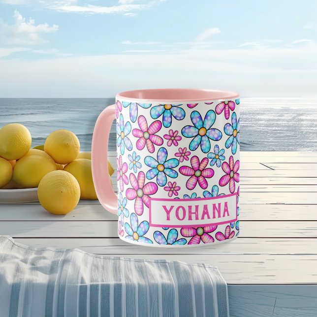 Mug Motif Rose & Blue Daisy personnalisé été (Pink & Blue Daisy Patterns custom Summer Mug)