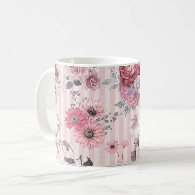 Mug Motif vintage rose rayé (Devant gauche)