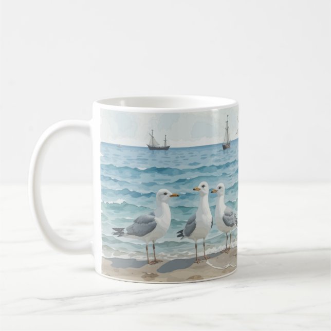 Mug Mouettes d'aquarelle à la plage Océan côtier (Gauche)