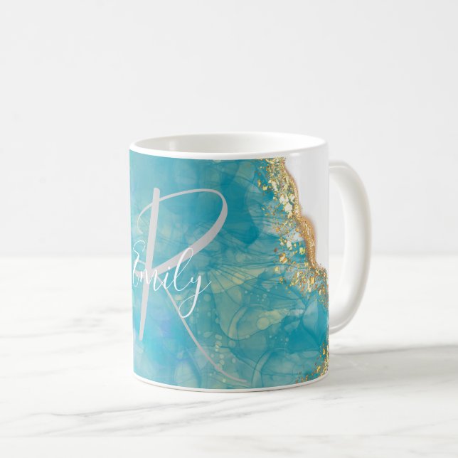 Mug Mousse de mer Marbre Marbre Nom Abstrait Monogramm (Devant droit)