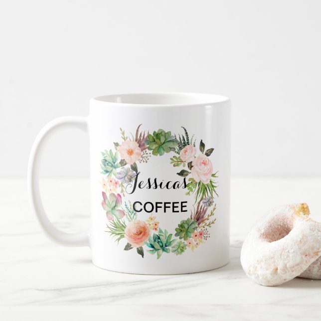 Mug, Mug Nom Personnalisé, Floral-4 (Avec donut)