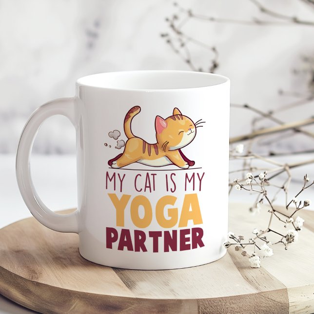 Mug "My Cat is My Yoga Partner" Drôle ("My Cat is My Yoga Partner" Funny Coffee Mug on a boho kitchen table with tiny white flowers)