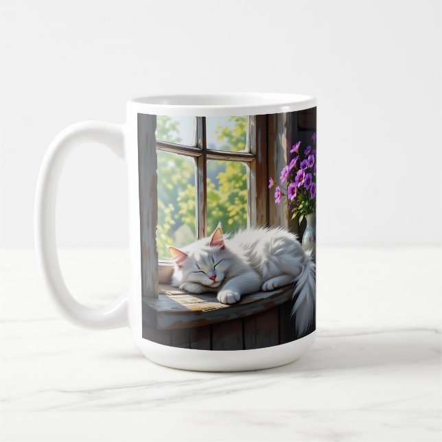 Mug Napping White Cat and Purple Flowers  (Gauche)