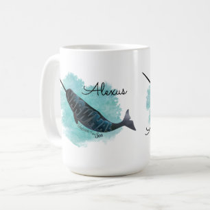Mug Narwhal sur le coeur d'aquarelle, personnalisé
