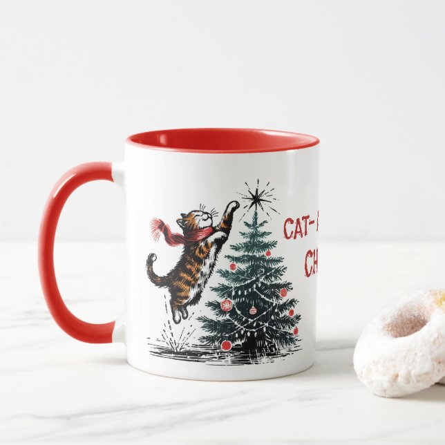 Mug Naughty Chat Jumps Noël Arbre cadeau personnalisé (Avec donut)