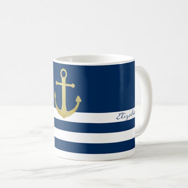 Mug Nautical, Gold Anchor Navy Blue Striped (Devant droit)