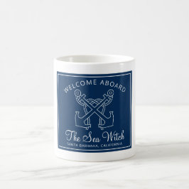 Mug Nautical Navy Blue Welcome Aboard Nom du bateau