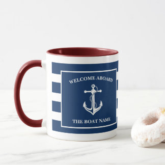 Mug Nautical Navy Blue Welcome Aboard Nom du bateau An