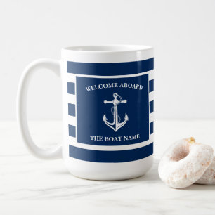 Mug Nautical Navy Blue Welcome Aboard Nom du bateau An