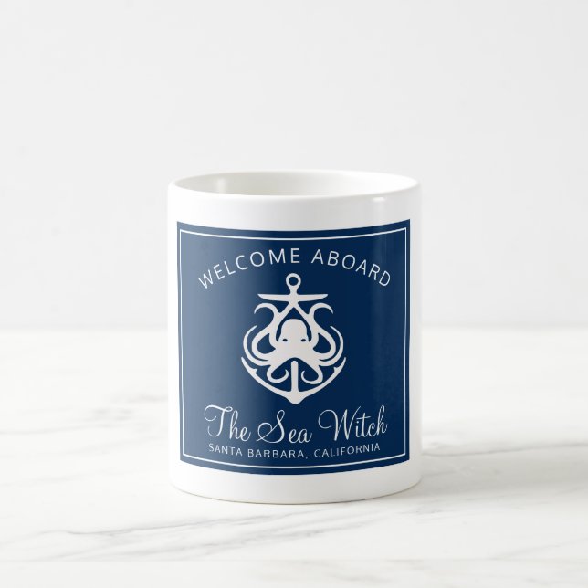 Mug Nautique Marine Bleu Bienvenue à bord Nom du batea (Centre)