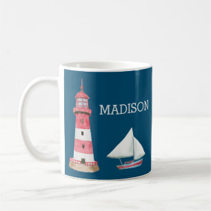 Mug Nautique Phare Nom du bateau à voile Rouge Blanc