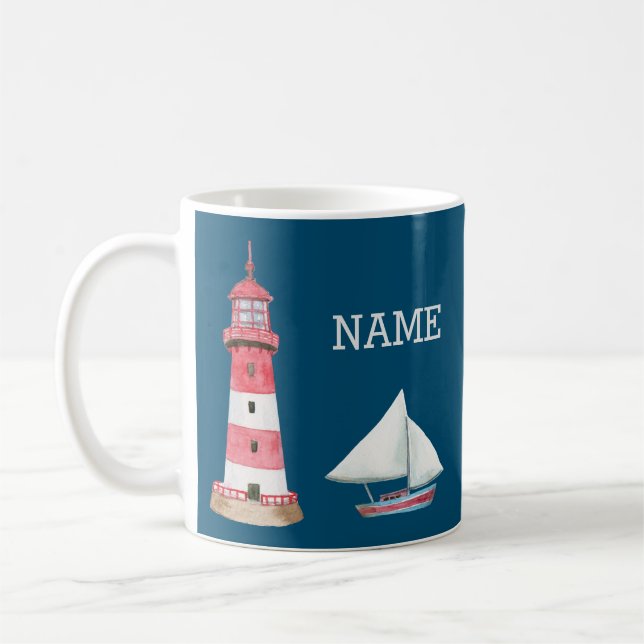 Mug Nautique Phare Nom du bateau à voile Rouge Blanc B (Gauche)