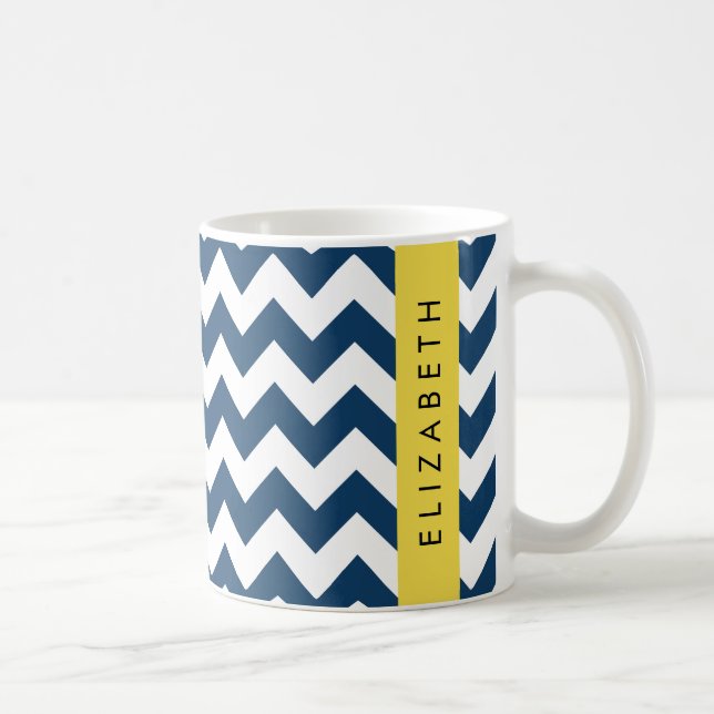 Mug Navy Blue Zigzag, Navy Blue Chevron, Votre nom (Droite)