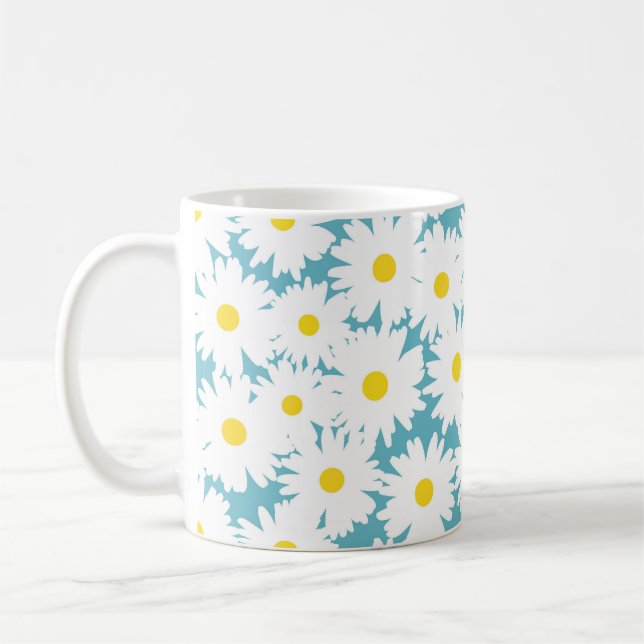 Mug Négative Space Daisies blanc jaune sur bleu (Gauche)